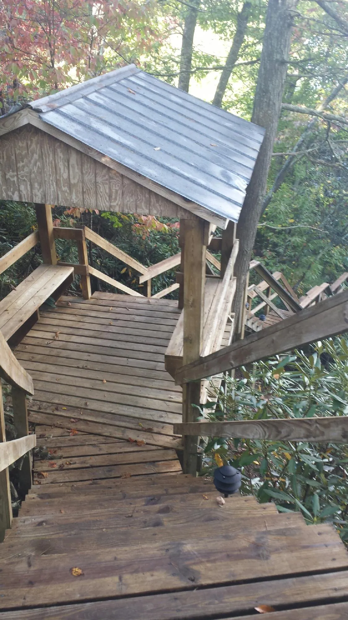 Metal roofed shelter over wooden steps on a wooded walkway — Skylight Repair & Installation work by our crew in Pewamo
